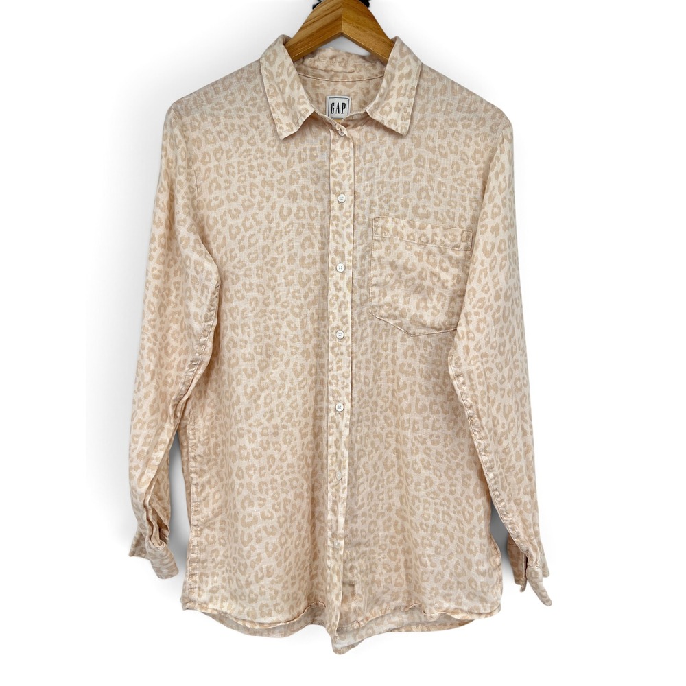 Gap Womens Tan Leopard Print Linen Blend Button Down Shirt Long Sleeve M